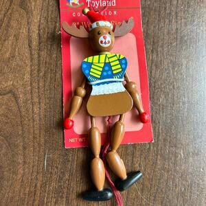New Christmas Reindeer Vintage Jumping Jack Ornament Painted Wood 7" Body 1980's